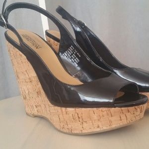 Black Patent Leather Peep Toe Wedge